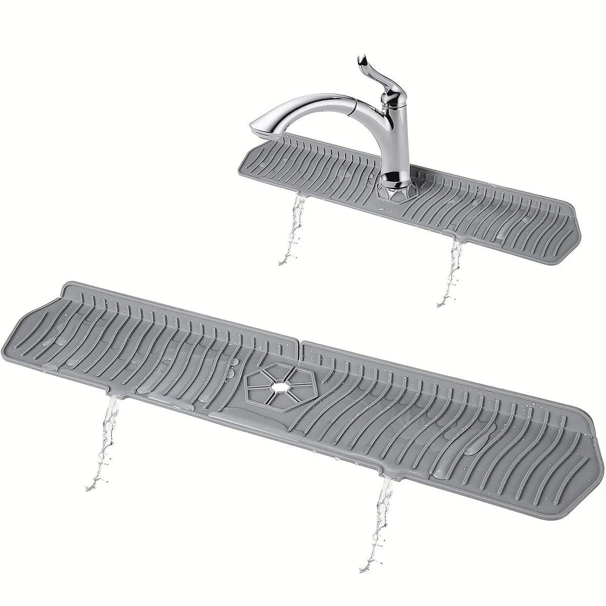 A silver kitchen sink faucet mat with a self-draining design and a modern faucet.