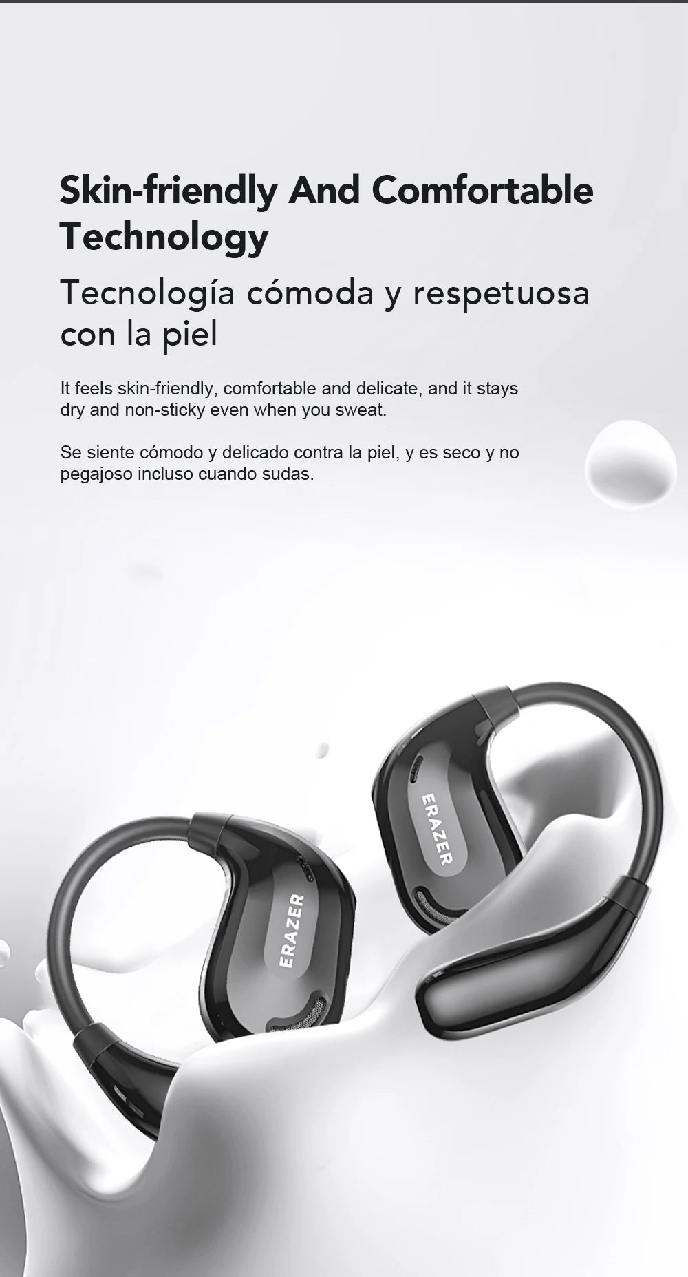 Et par svarte ERAZER XT66PRO trådløse Bluetooth-ørepropper på en hvit overflate.