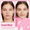 Gesichtsmaske in rosa Verpackung, Modell zeigt Anwendung zur Hautaufhellung