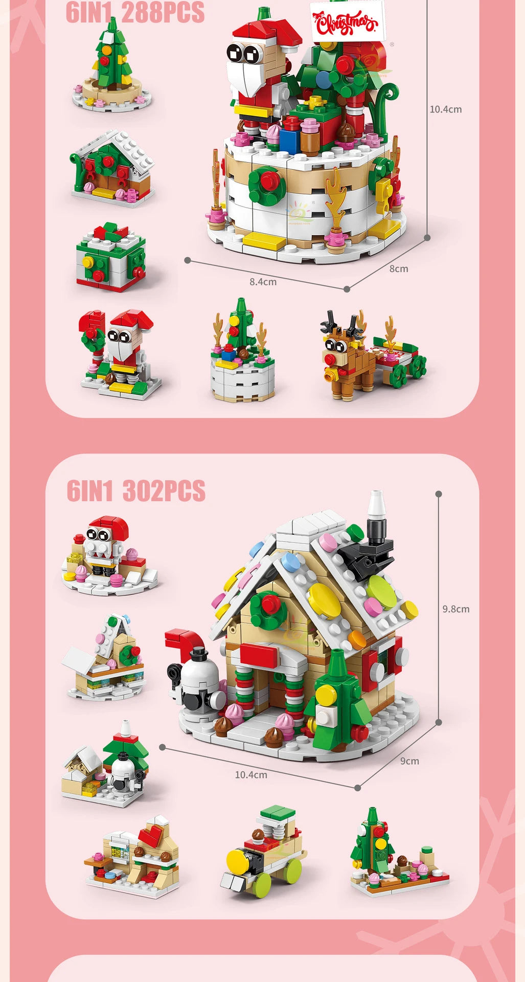 A set of 302 pieces of Christmas building blocks featuring a snow house, Santa, and deer figures.