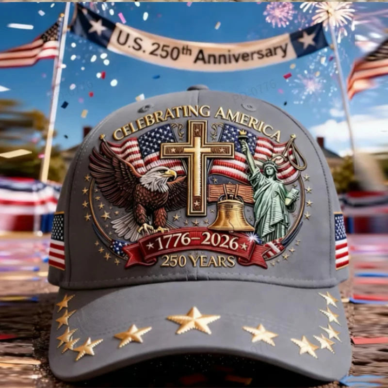 Gray baseball cap featuring an American eagle and liberty statue design for the U.S. 250th Anniversary.