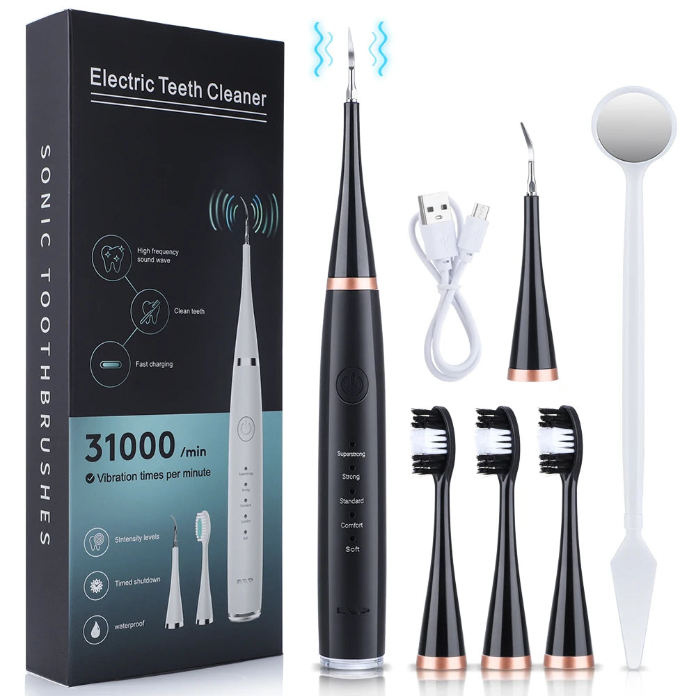 Caja negra con kit de cepillo de dientes sónico, incluye cepillo y herramienta de limpieza.
