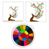 A set of watercolor paint tubes and a colorful palette for a kids finger painting kit.
