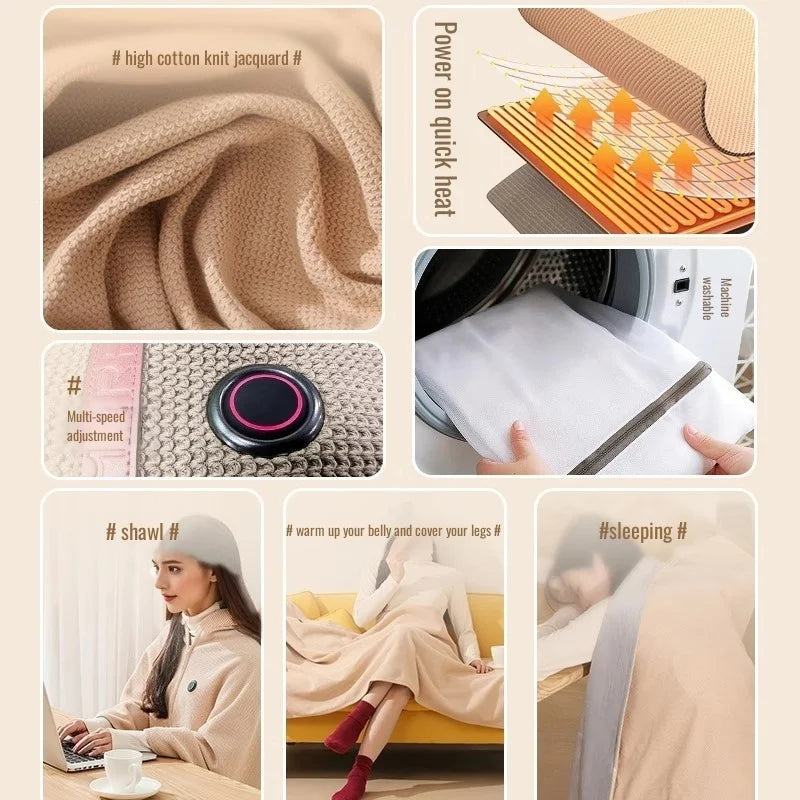 A portable heated shawl and wearable electric blanket in beige fabric shown being used for warmth.