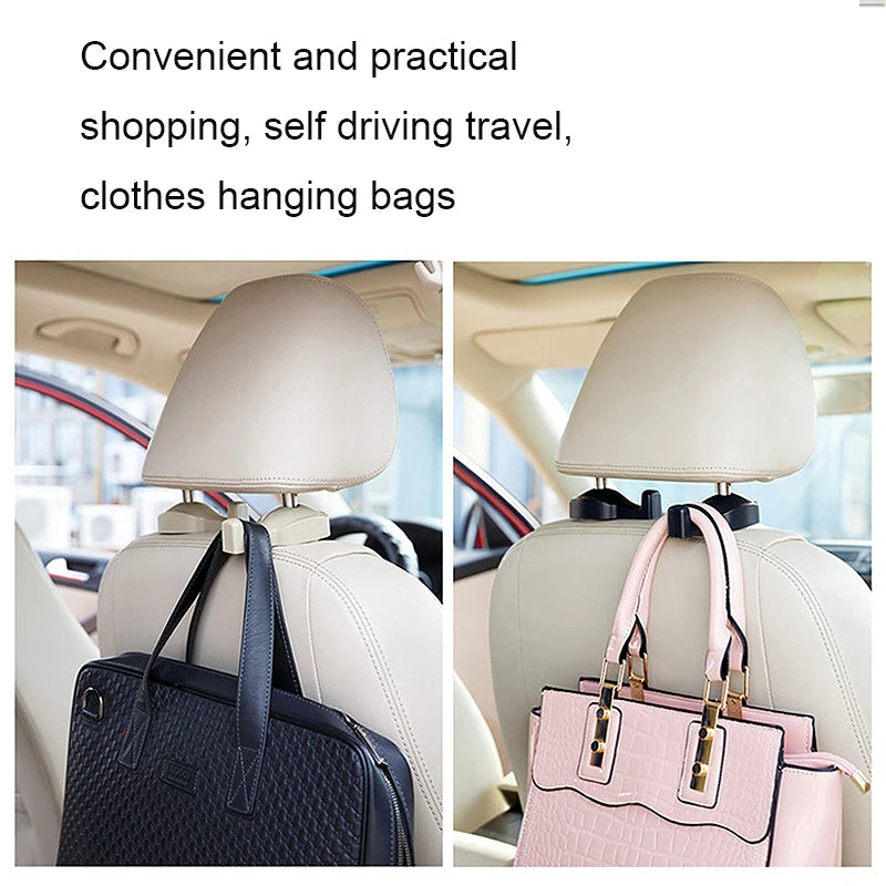 Two car seat headrest hooks with hanging bags used for convenient and practical storage.