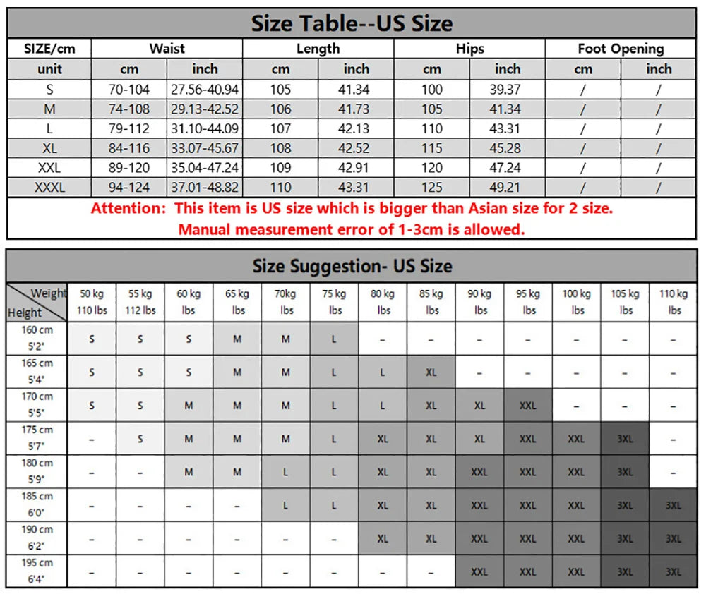 Size table showing measurements for US and Asian sizes of men's cotton linen casual jogger pants.