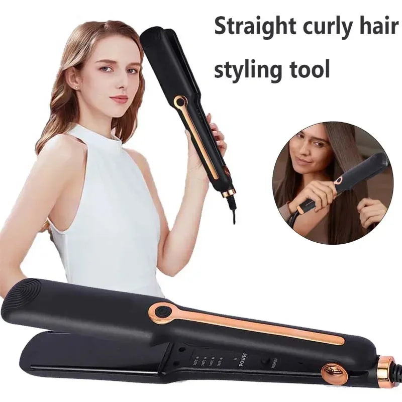 Herramienta para peinar el cabello de cerámica negra, usada por una mujer para alisar y rizar el cabello.
