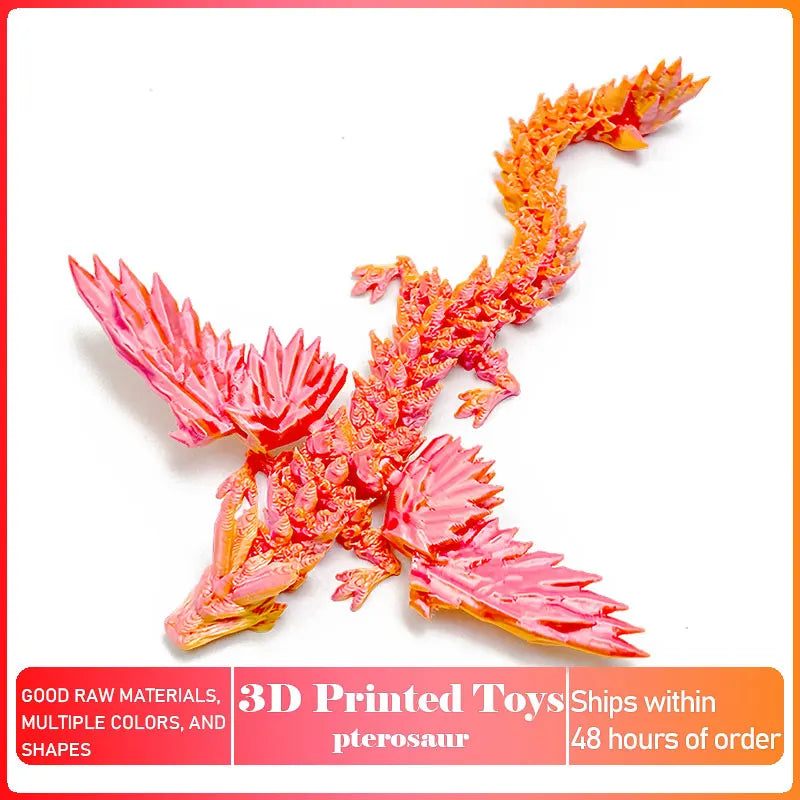 Figurilla de pterosaurio impresa en 3D con escamas vibrantes rosas y naranjas.
