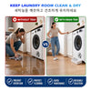 Comparison showing a washing machine without a tray versus one with a drain tray for laundry room cleaning and drying.
