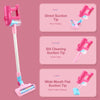 Pink kids interactive toy vacuum cleaner shown in three modes for floor cleaning, corner gaps, and paper scraps cleaning.