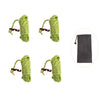 Four bundles of green reflective camping guy lines with aluminum tensioners shown next to a black pouch.
