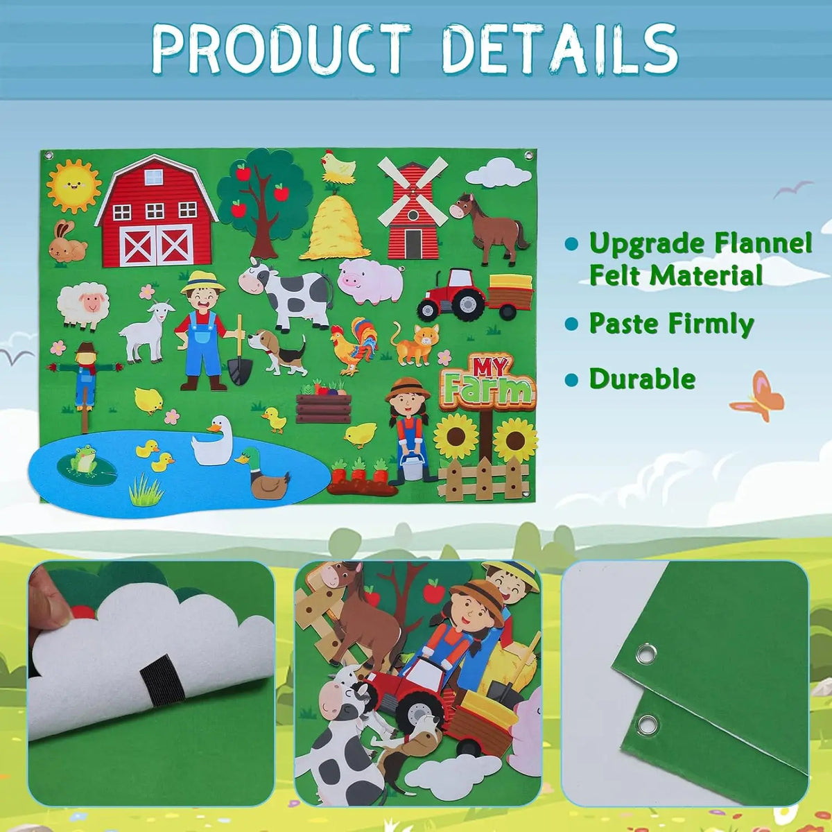 A felt story board set featuring various zoo animals and farm elements for interactive learning.