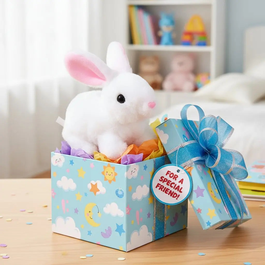 A white bunny plush toy is sitting in a colorful gift box decorated with clouds and stars.