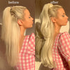 Before and after comparison of a blonde hair extension ponytail using a wrap-around clip-in technique.