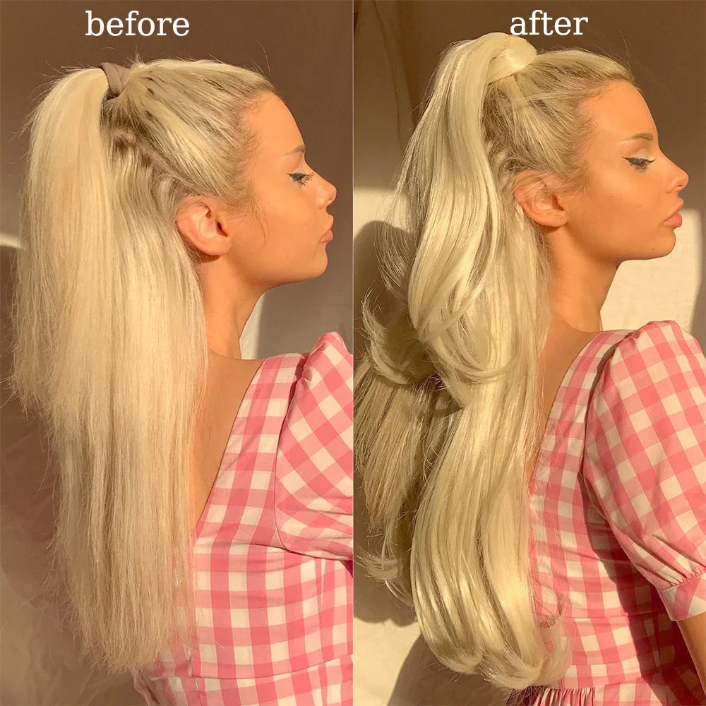 Before and after comparison of a blonde hair extension ponytail using a wrap-around clip-in technique.