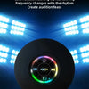 A black round light fixture is shown with glowing colored lights and a control button, set against a backdrop of bright blue 