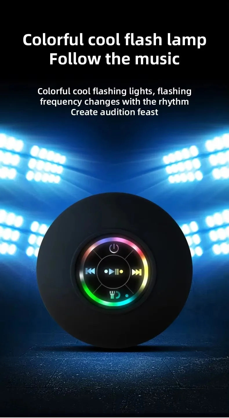 A black round light fixture is shown with glowing colored lights and a control button, set against a backdrop of bright blue 
