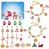A set of charm bracelets and a Christmas countdown calendar featuring festive ornaments and seasonal themes.