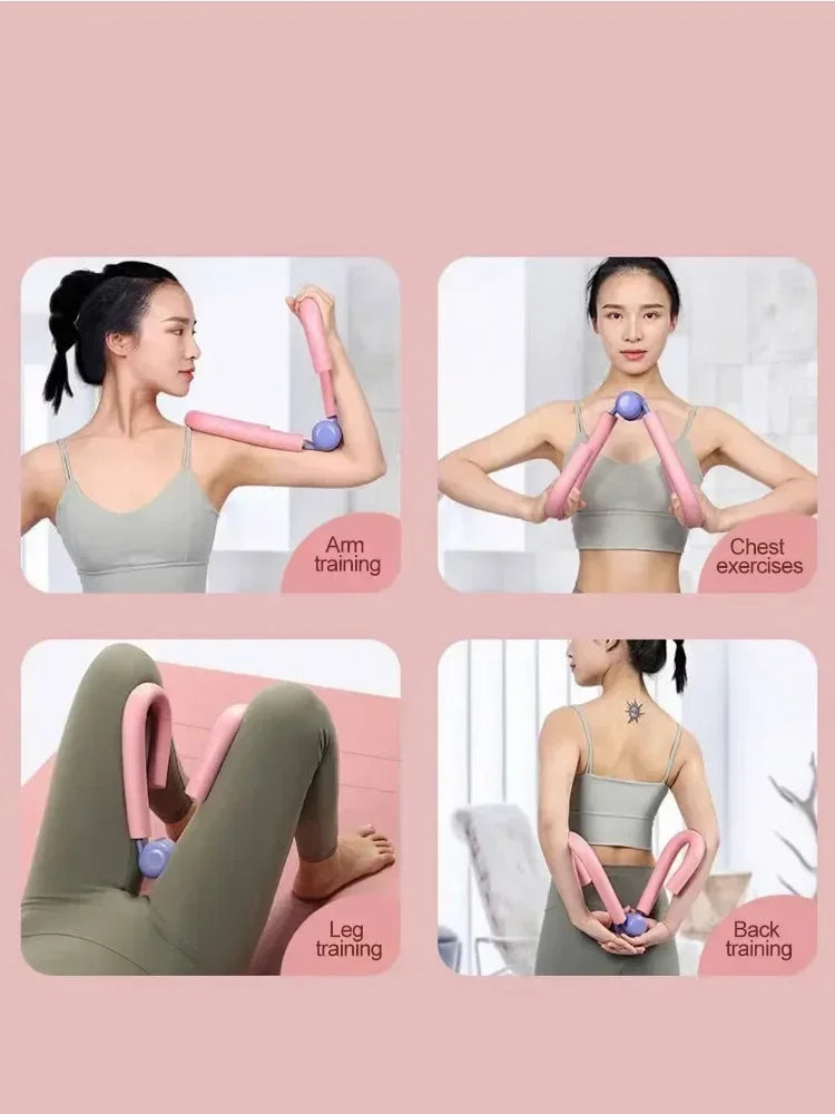 Conjunto de entrenadores de suelo pélvico y ejercitadores de muslo interior en varios ejercicios de entrenamiento.