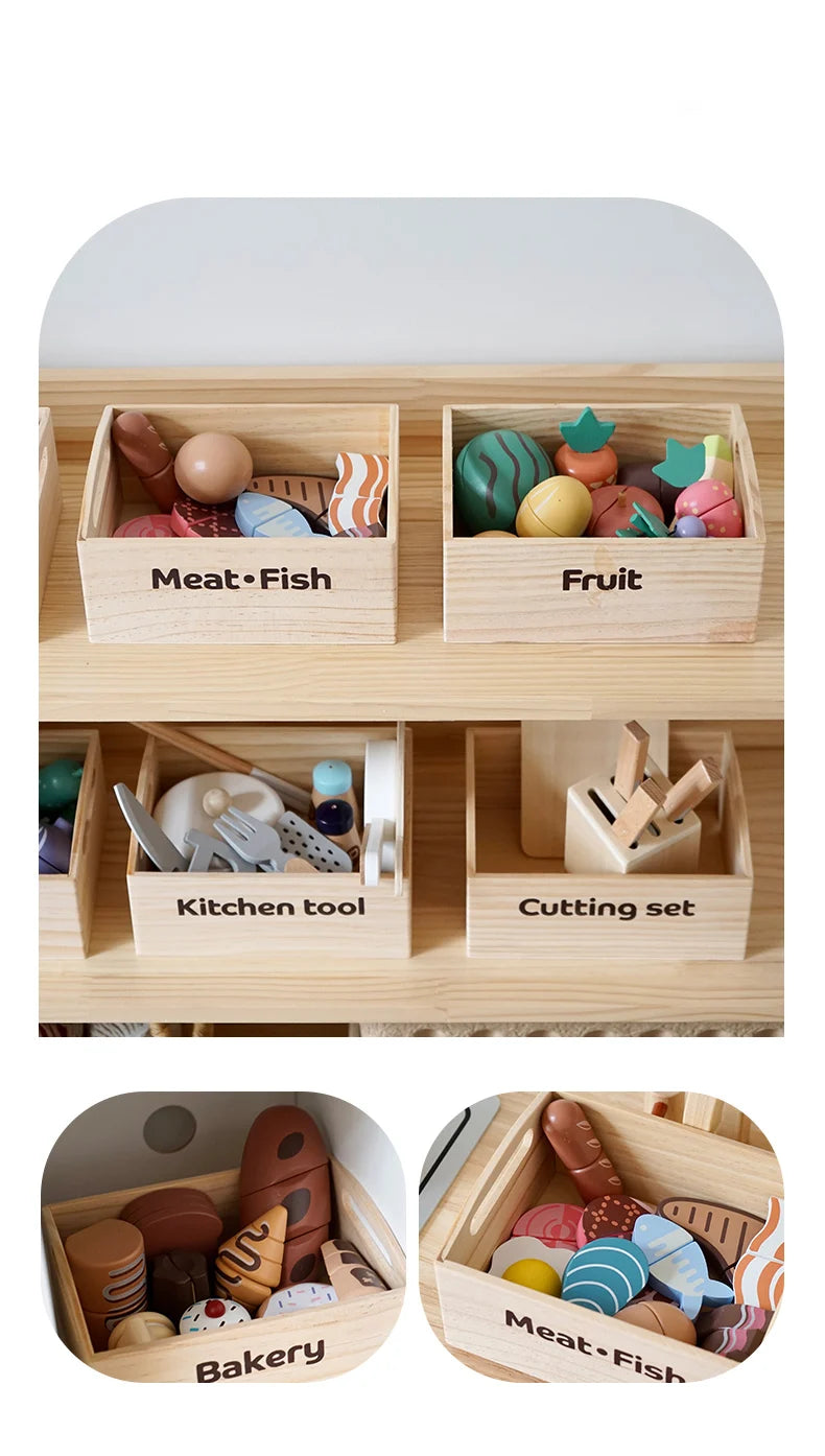 Wooden pretend play food cutting set featuring meat fish fruit kitchen tools and bakery items in wooden trays