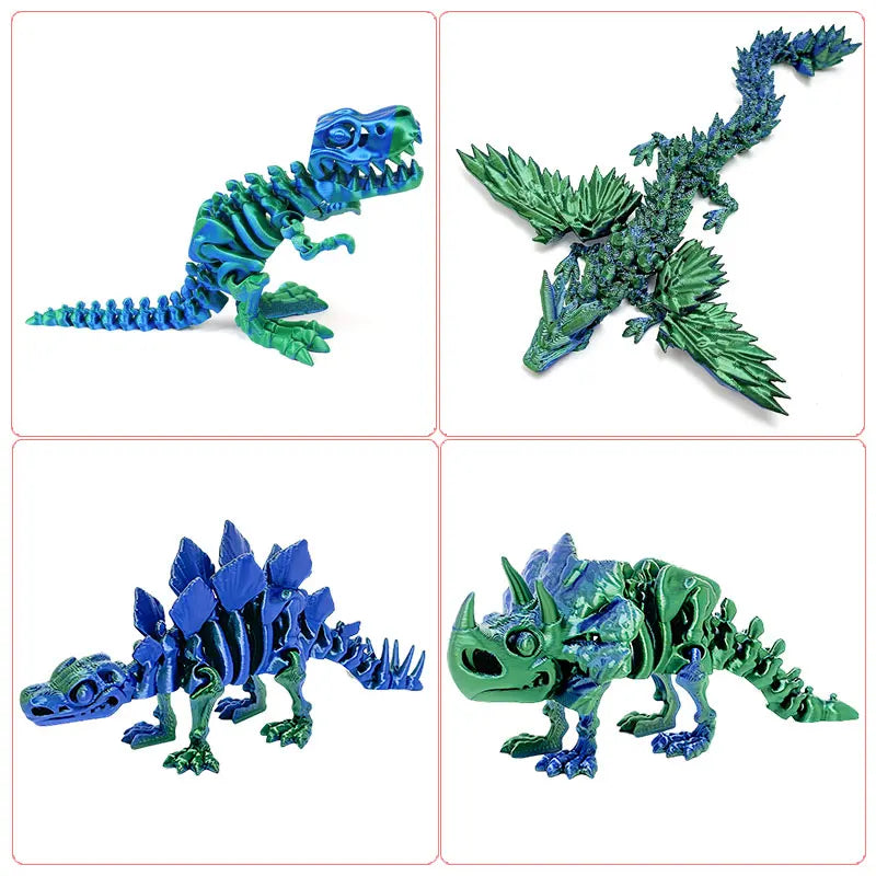 Figuras articuladas de dragón impresas en 3D en azul y verde, vistas desde diferentes ángulos.