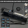 A black rechargeable flashlight with a power display showing battery percentage levels.