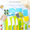 A complete set of safe plastic fruit knives and tools for children, including various shapes and colors.