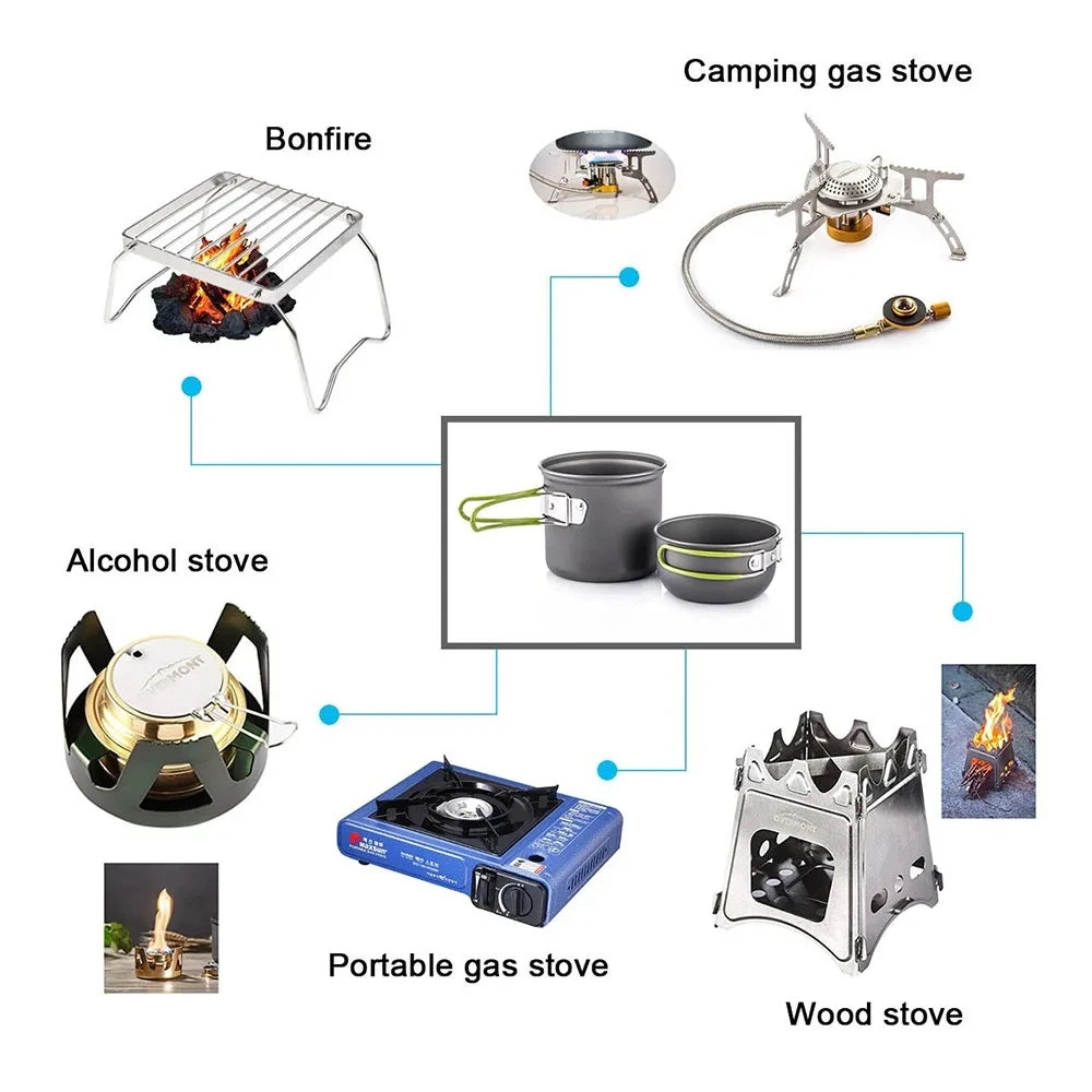 A collection of camping gas stoves including a bonfire, alcohol stove, portable gas stove, and wood stove.