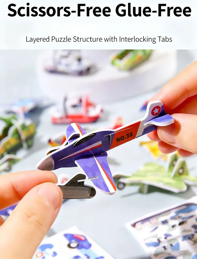 A hand holds a purple and white foam airplane puzzle piece from a layered puzzle structure.