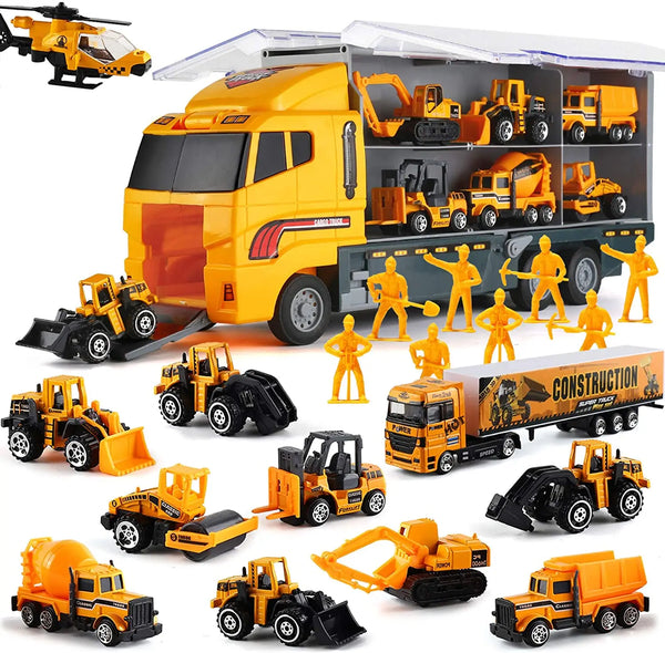 A yellow die-cast construction truck set featuring various vehicles and a storage carrier.