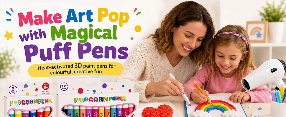 A woman and a girl are using Magic Puff Pens to draw on colorful materials for art projects.