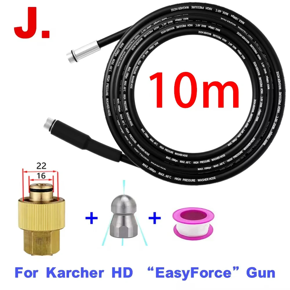 A black 10m high-pressure sewer jetting hose kit for a Karcher HD EasyForce gun, showing the hose and a rotating nozzle.