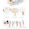 A wooden pretend play food cutting set for kids featuring various wooden food items and cutting tools.