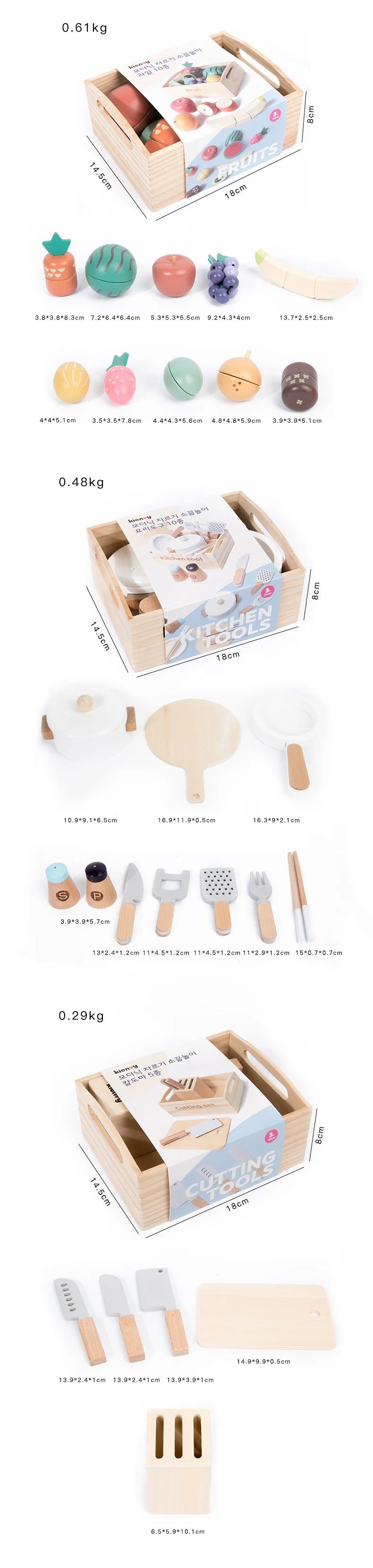 A wooden pretend play food cutting set for kids featuring various wooden food items and cutting tools.