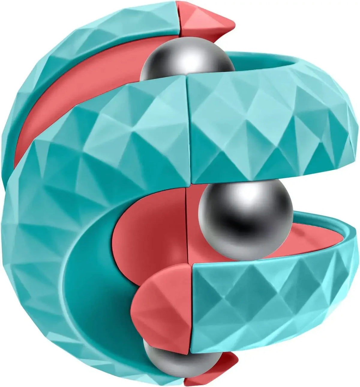 En fargerik, geometrisk fidget-kube med kuleformede baller i teal- og korallnyanser.