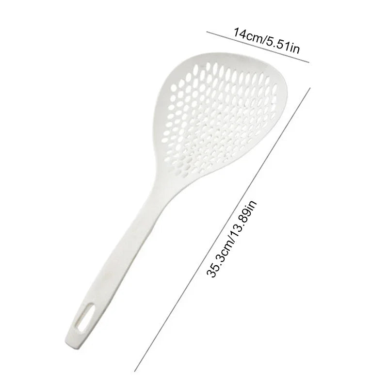 White long-handled non-slip kitchen strainer spoon with a perforated mesh