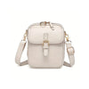 A light beige vintage vegan leather messenger bag with a gold-tone adjustable strap.