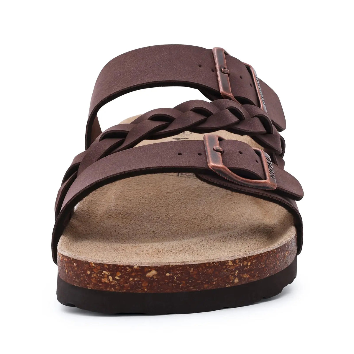 Brown women's slide sandals with woven straps and cork footbeds