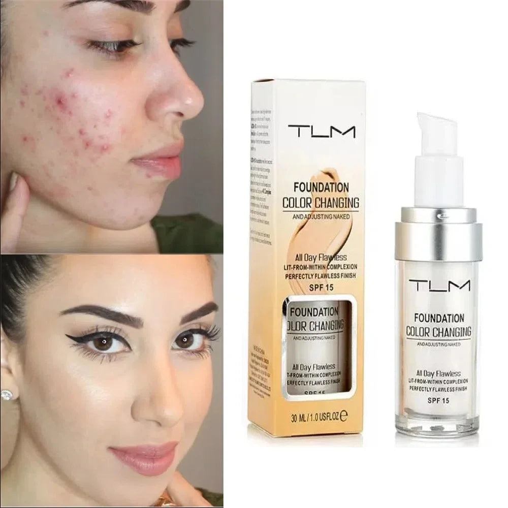 A bottle of TLM foundation color changing liquid foundation with a matte concealer finish shown next to models.
