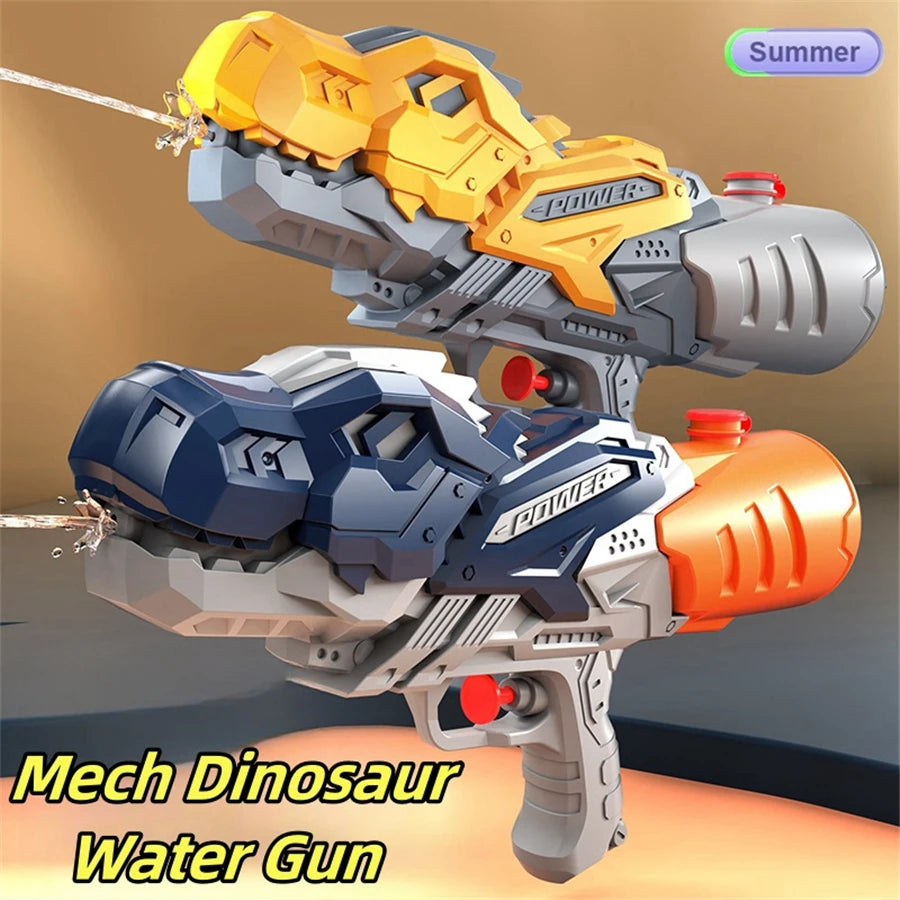 A detailed model of a Mech Dinosaur water gun toy featuring gray and yellow components.
