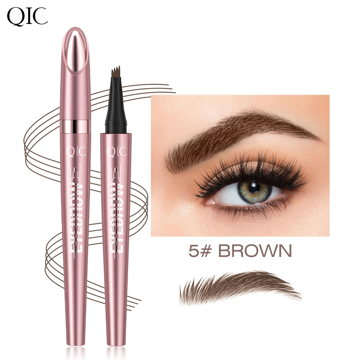 Un ensemble de stylos à sourcils microblading QIC imperméables, finition or rose, teinte marron 5#, avec un exemple de résult