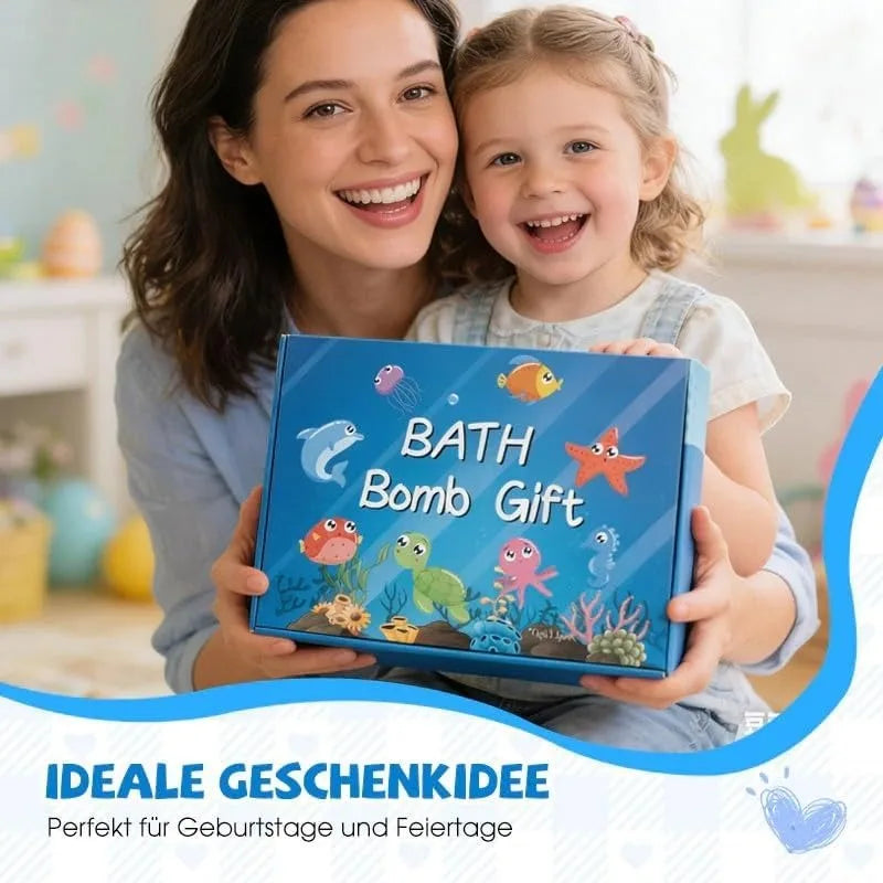 A woman and a girl holding a blue box of Bath Bomb Gift for birthdays and parties.