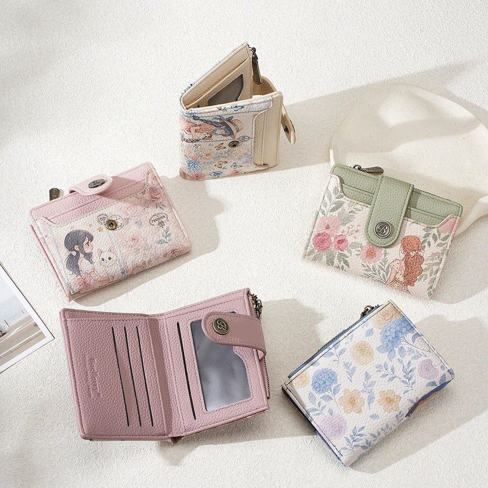 A collection of floral print women's wallets and card holders in pink, beige, and green tones.