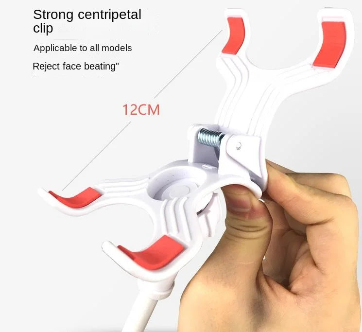 Una mano sostiene un soporte flexible de cuello de cisne blanco con un clip centrípeto fuerte.