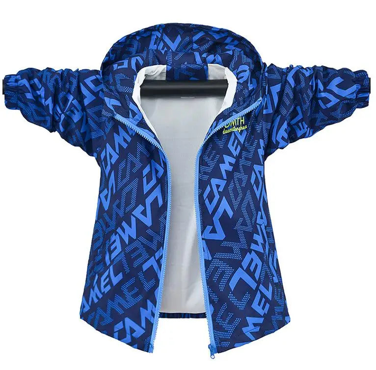 A royal blue waterproof hooded jacket for kids with a zipper and patterned fabric.