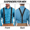 Front and back views of heavy duty hidden suspenders for men with black straps on a blue shirt.