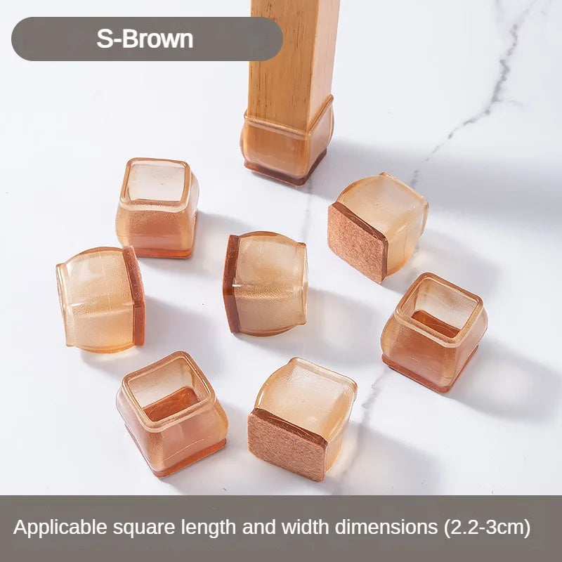 S-Brown silicone furniture leg pads with felt bottoms shown in various square sizes.