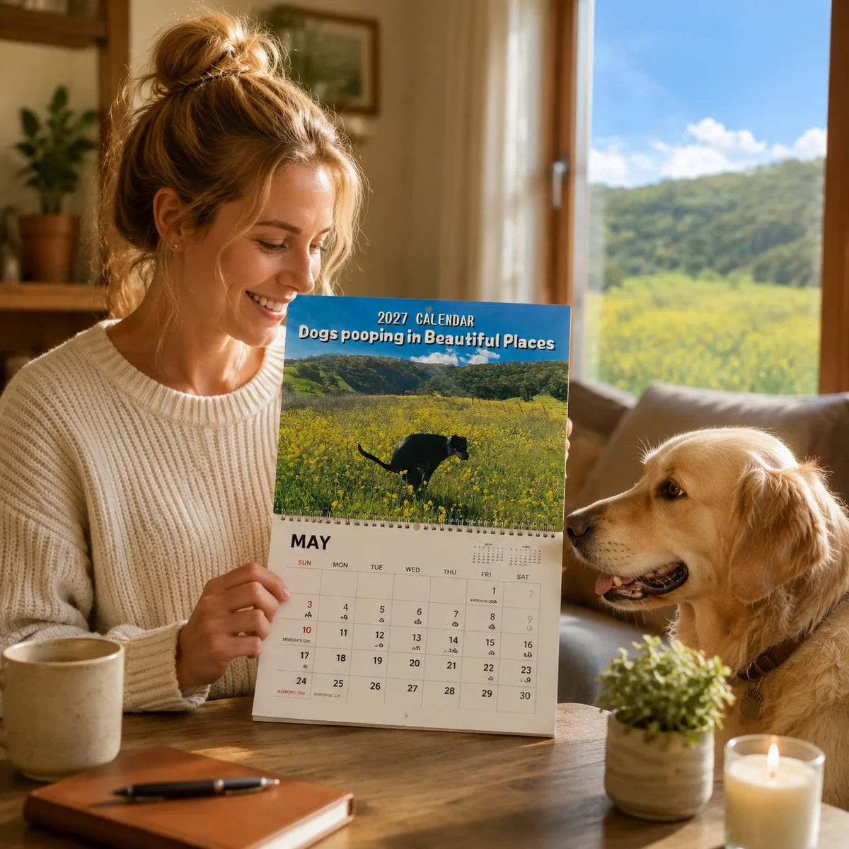 En kvinne smiler mens hun holder en 2027-kalender med tittelen Hunder som bæsjer på vakre steder, med et landskap.