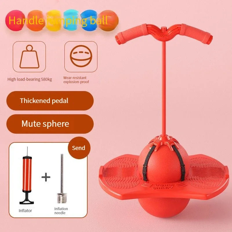 Red frog jump bouncing ball with a thick pedal and mute sphere shown next to an inflator needle and send tool