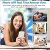 A woman is using a smartphone to view a live remote video feed from a security camera.